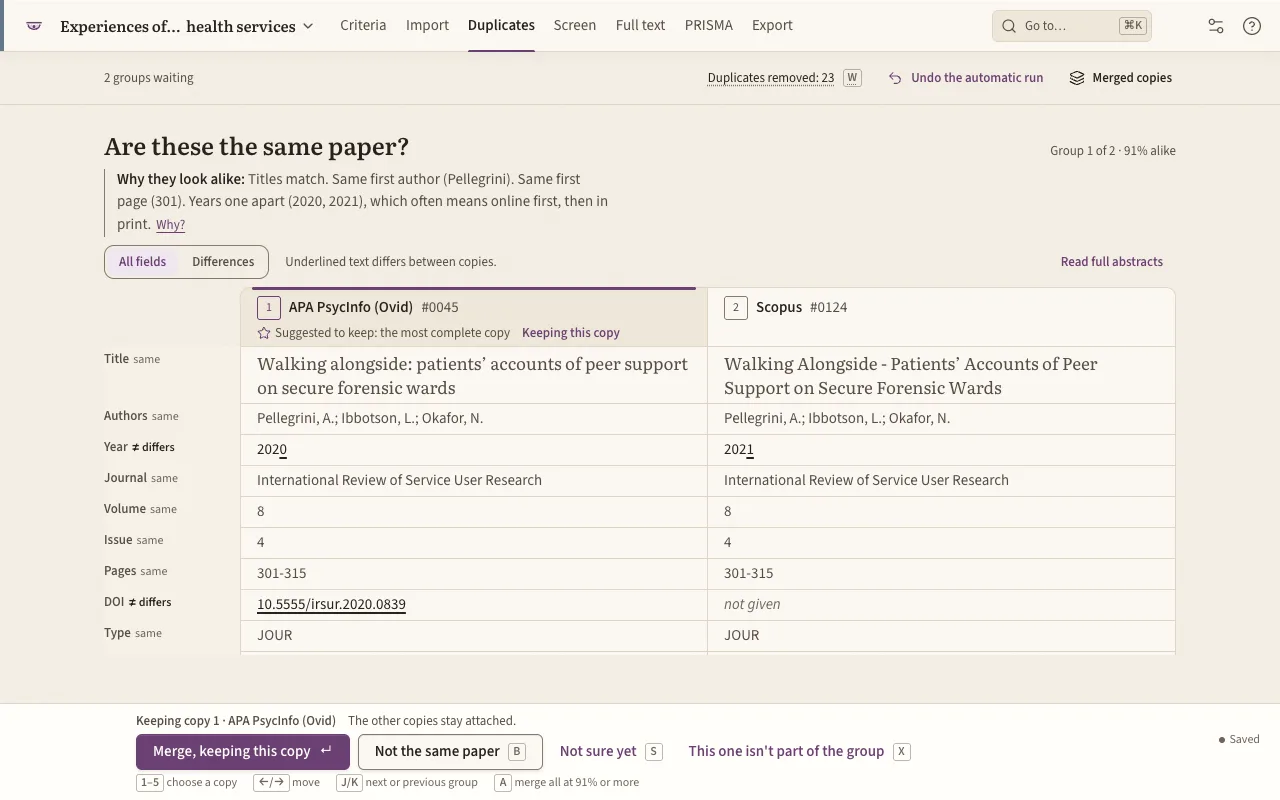 The duplicates screen: two copies of a paper side by side, with the reasons they look alike. The records are illustrative.