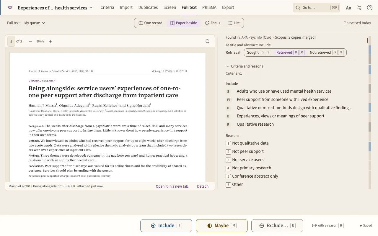 Full-text screening: a PDF open beside the record’s decision and exclusion reasons. The record is illustrative.