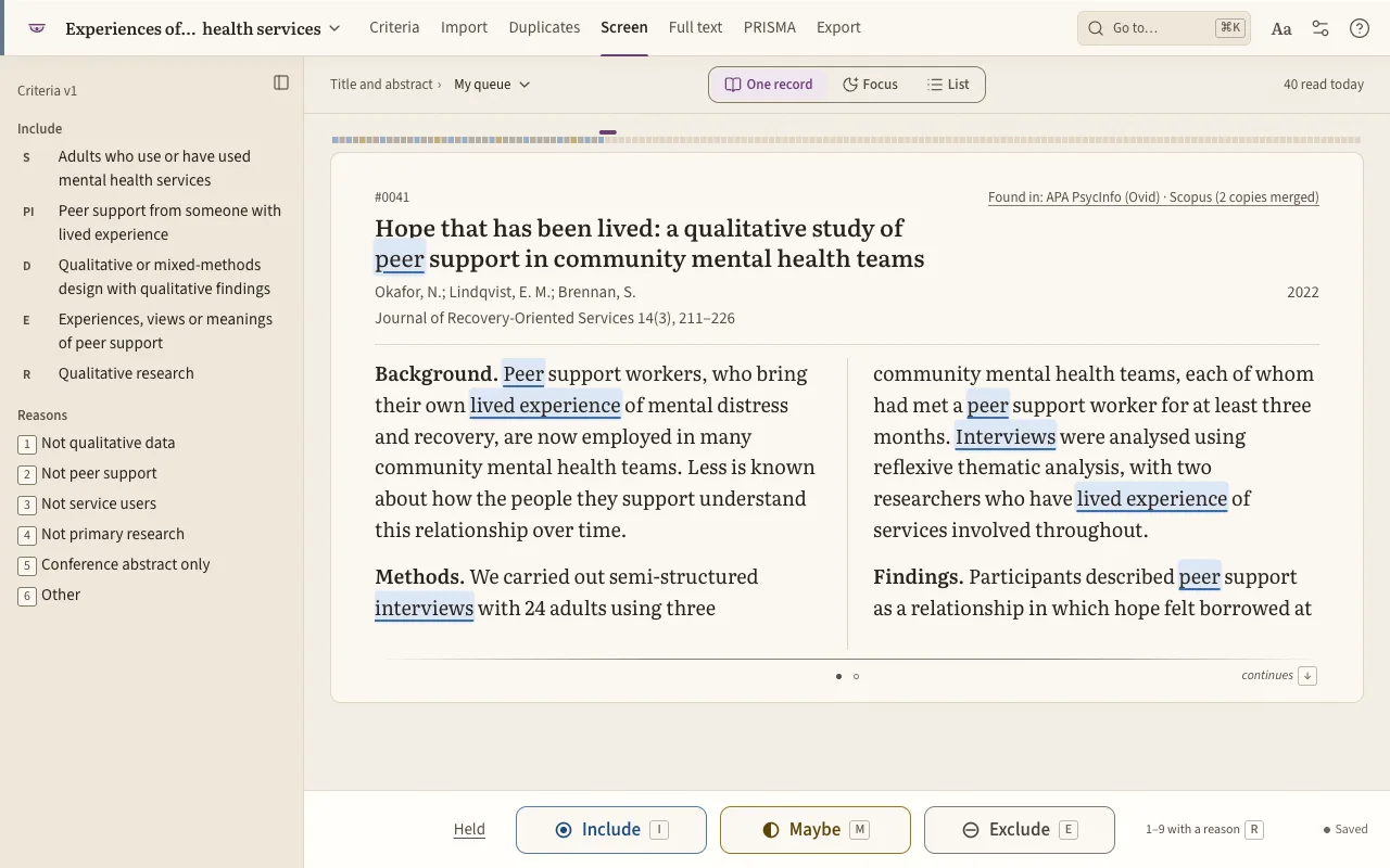 Evensift’s title and abstract screen: one record’s title and abstract, with Include, Maybe and Exclude beneath it. The records are illustrative.